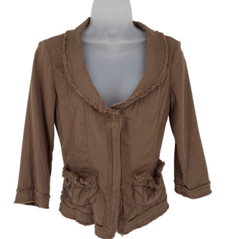 Mango Brown Embroidered Cotton Cropped‎ Blazer Frayed Edges Size S